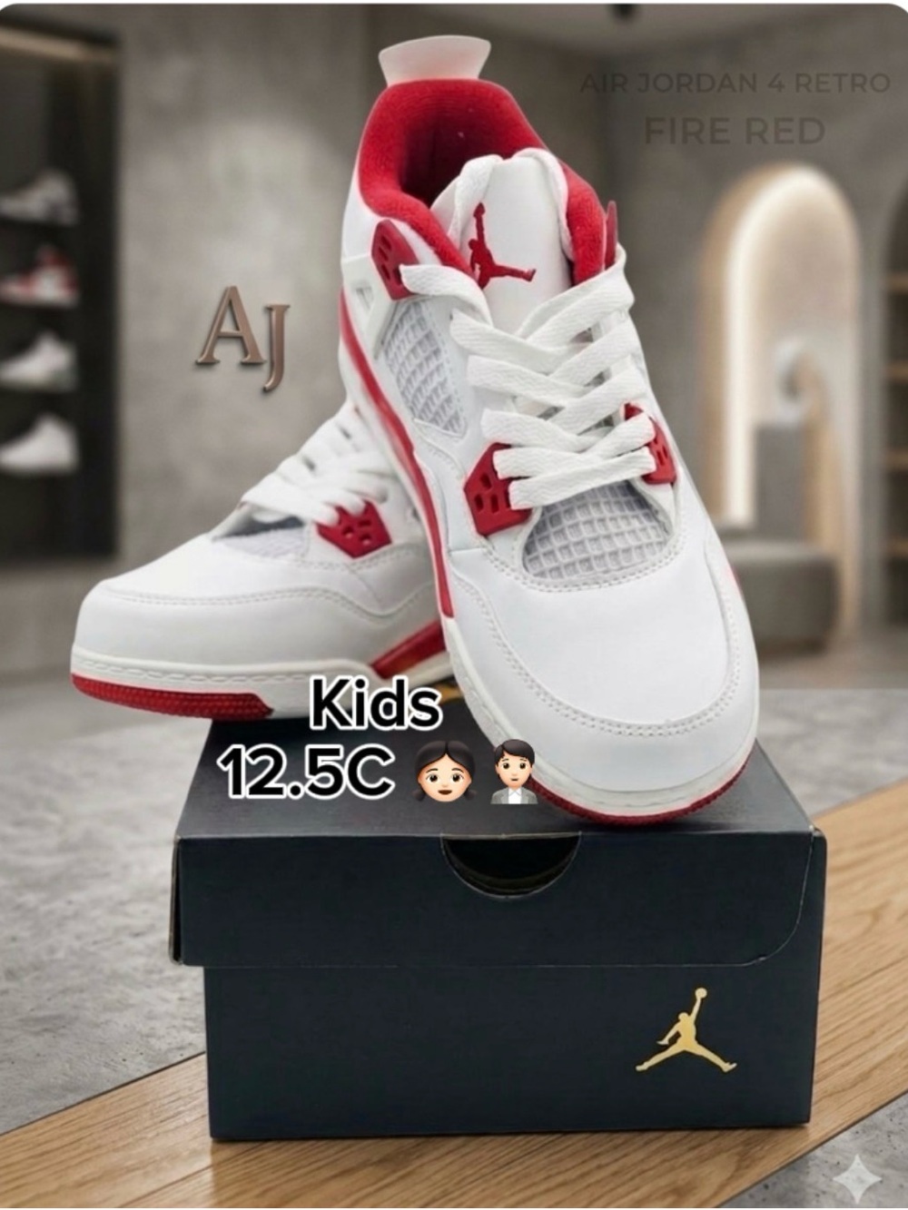 Jordan 4 Retro PS FOR Kids White & Red Low-Top Sneakers (Size 12.5C)🙋🏻🙋🏻‍♀️